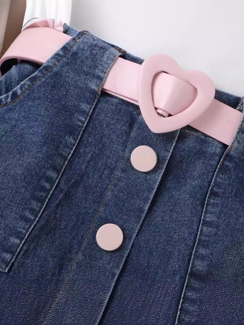 3 Piece Girls Kids Clothing Set White Long Sleeve Top Denim Pleated Skirt Multi Button Belt INS Style Fashion New Style