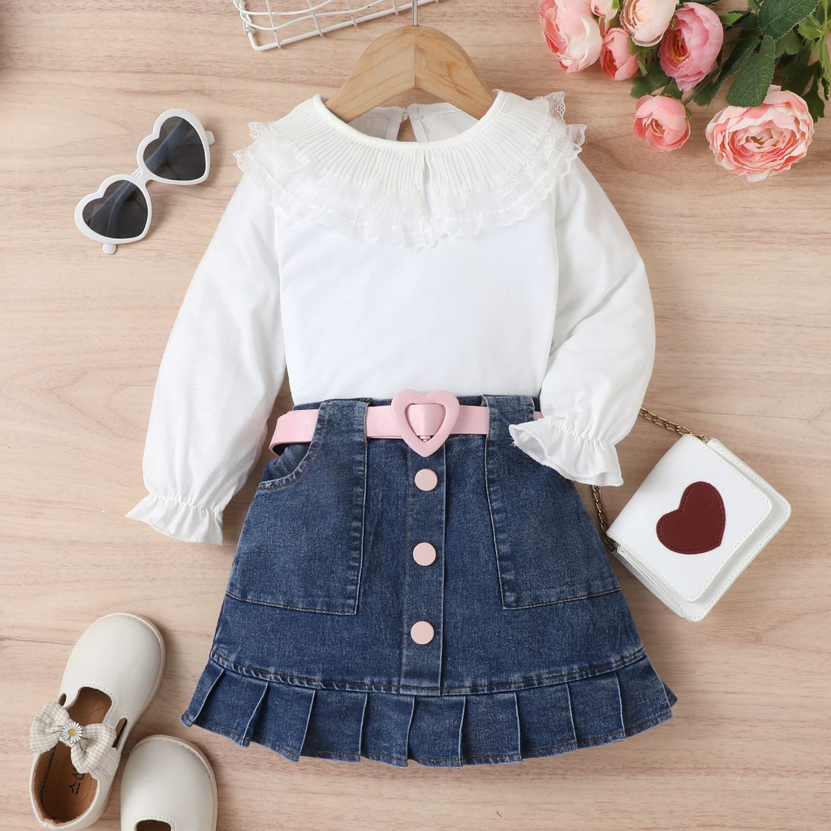 3 Piece Girls Kids Clothing Set White Long Sleeve Top Denim Pleated Skirt Multi Button Belt INS Style Fashion New Style