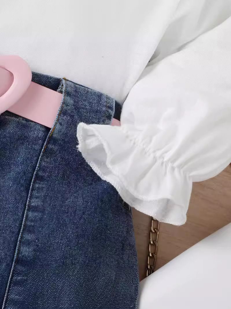 3 Piece Girls Kids Clothing Set White Long Sleeve Top Denim Pleated Skirt Multi Button Belt INS Style Fashion New Style