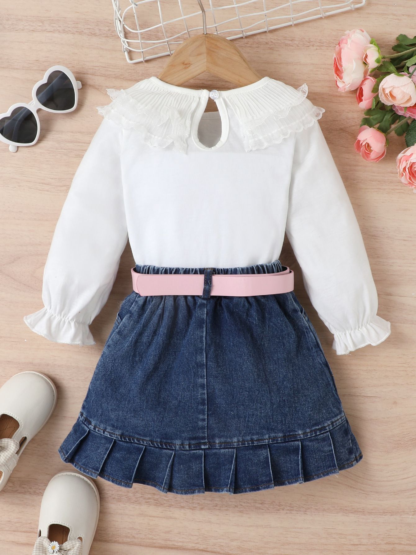 3 Piece Girls Kids Clothing Set White Long Sleeve Top Denim Pleated Skirt Multi Button Belt INS Style Fashion New Style