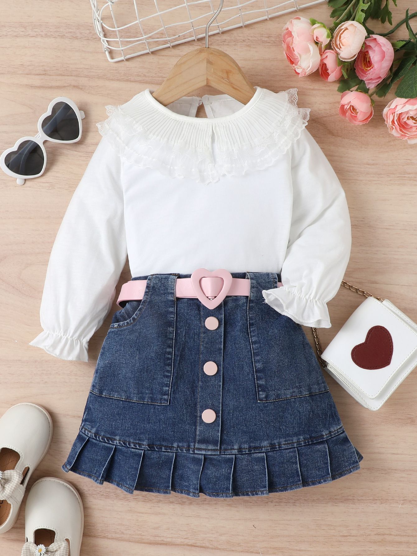 3 Piece Girls Kids Clothing Set White Long Sleeve Top Denim Pleated Skirt Multi Button Belt INS Style Fashion New Style