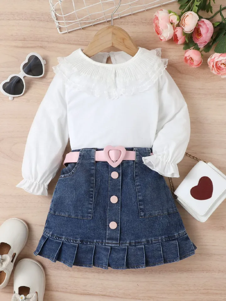 3 Piece Girls Kids Clothing Set White Long Sleeve Top Denim Pleated Skirt Multi Button Belt INS Style Fashion New Style