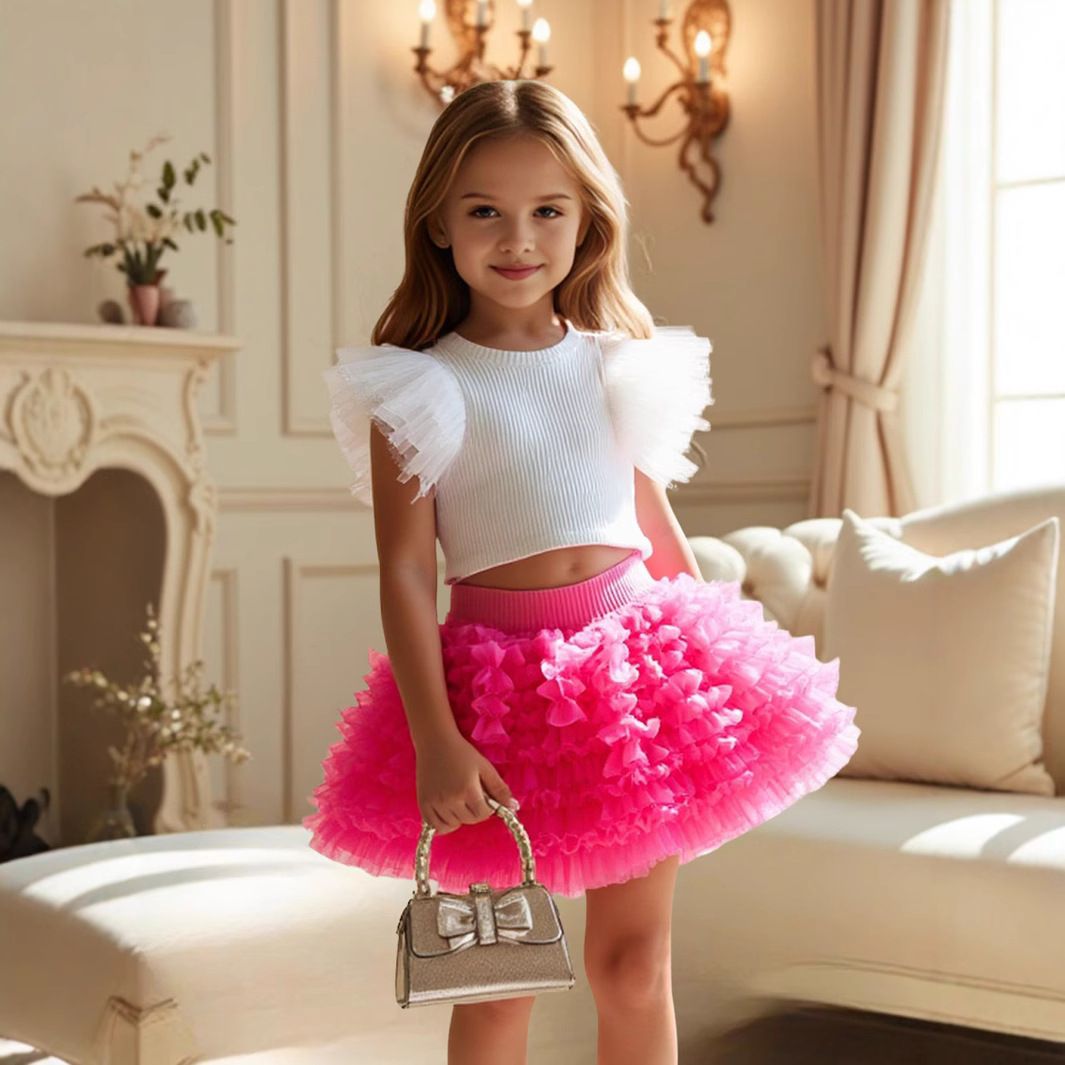 2 Piece Girls Kids Clothing Set Flutter Sleeve Top Short Puff Tulle Princess Skirt Fashion New Style INS Style