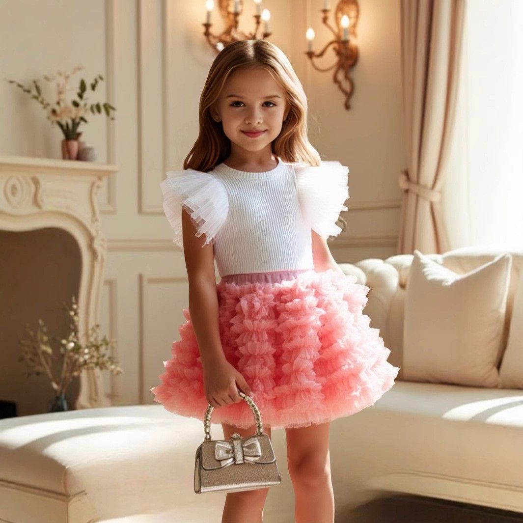 2 Piece Girls Kids Clothing Set Flutter Sleeve Top Short Puff Tulle Princess Skirt Fashion New Style INS Style