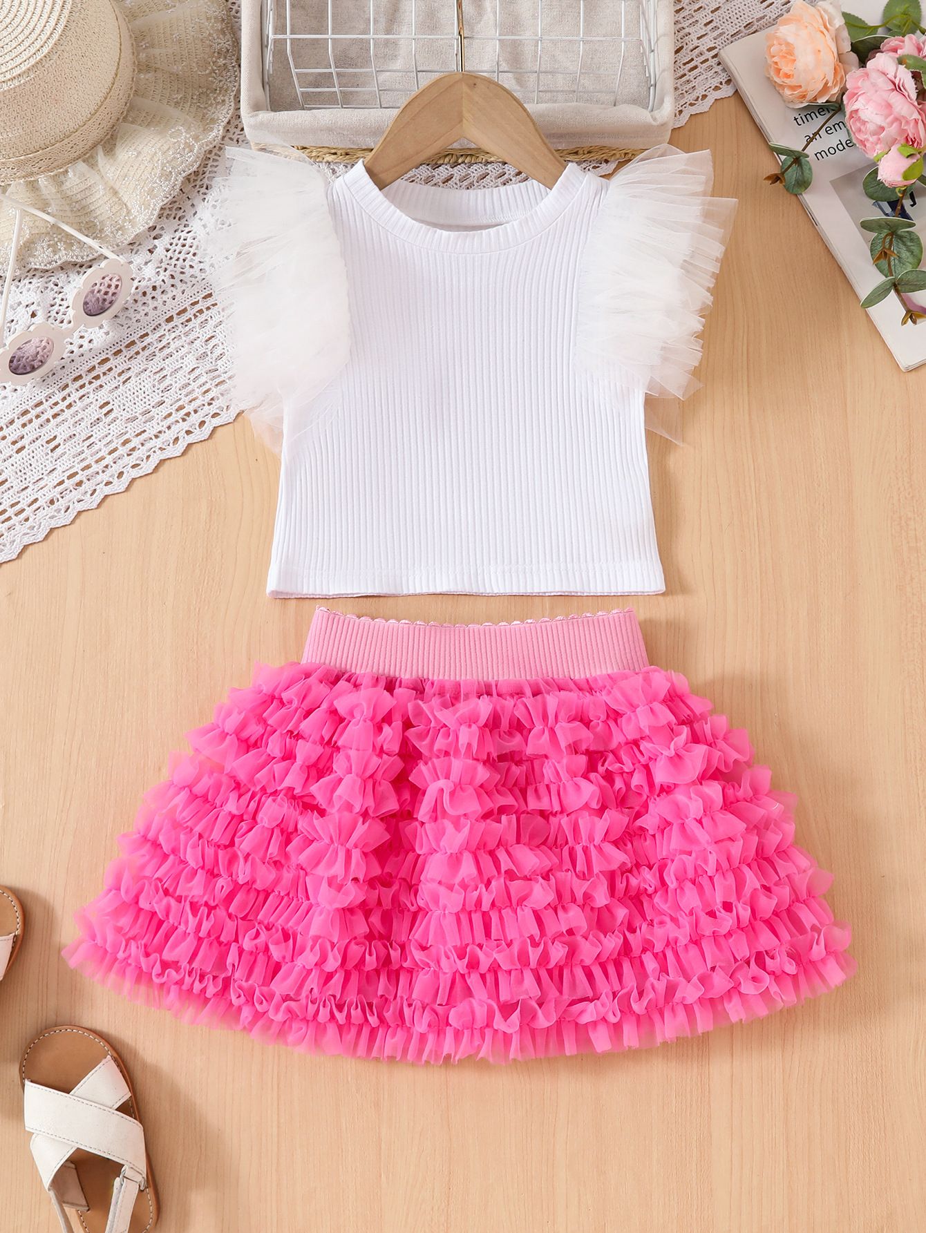 2 Piece Girls Kids Clothing Set Flutter Sleeve Top Short Puff Tulle Princess Skirt Fashion New Style INS Style