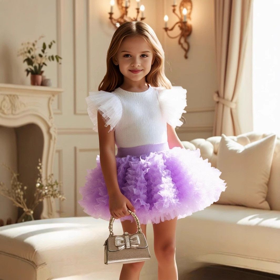 2 Piece Girls Kids Clothing Set Flutter Sleeve Top Short Puff Tulle Princess Skirt Fashion New Style INS Style
