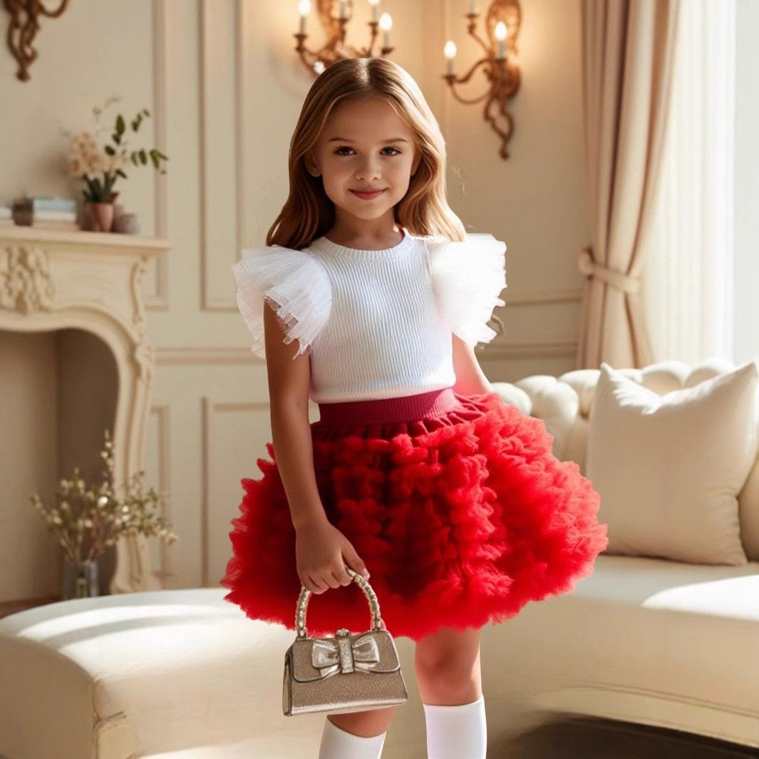 2 Piece Girls Kids Clothing Set Flutter Sleeve Top Short Puff Tulle Princess Skirt Fashion New Style INS Style