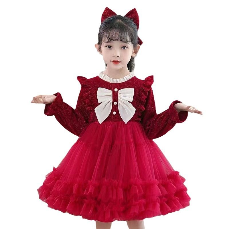 Cute Girls Kids Clothing Long Sleeve Dress Bowknot Corduroy Tulle Princess Skirt Fashion New Style INS Style