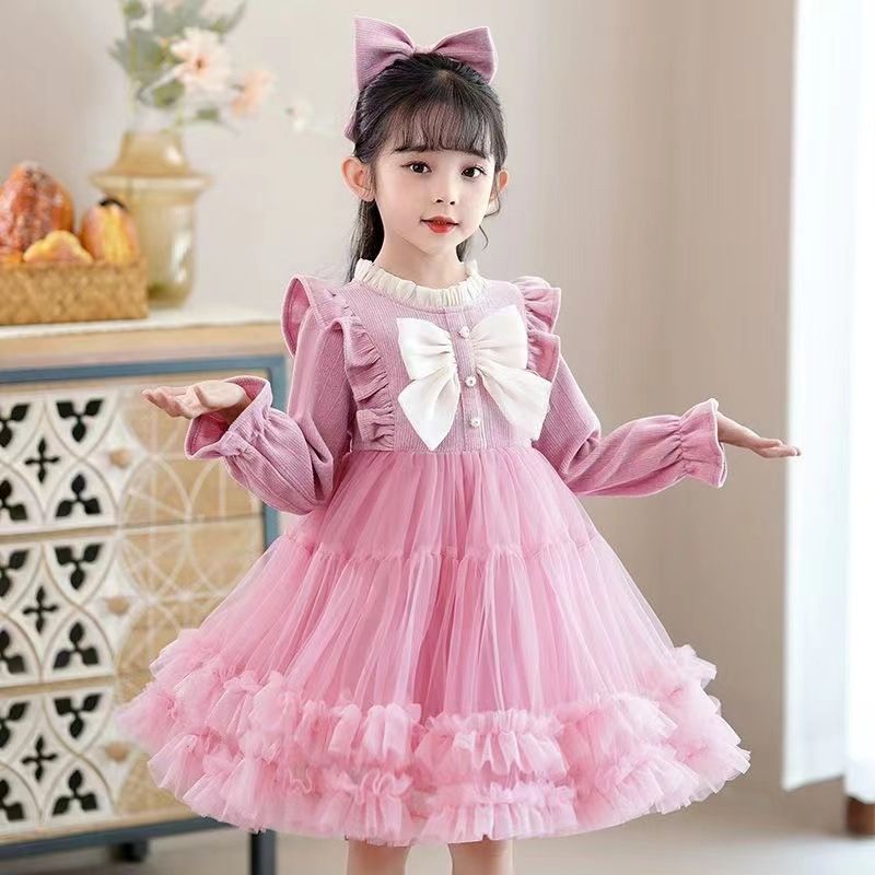 Cute Girls Kids Clothing Long Sleeve Dress Bowknot Corduroy Tulle Princess Skirt Fashion New Style INS Style