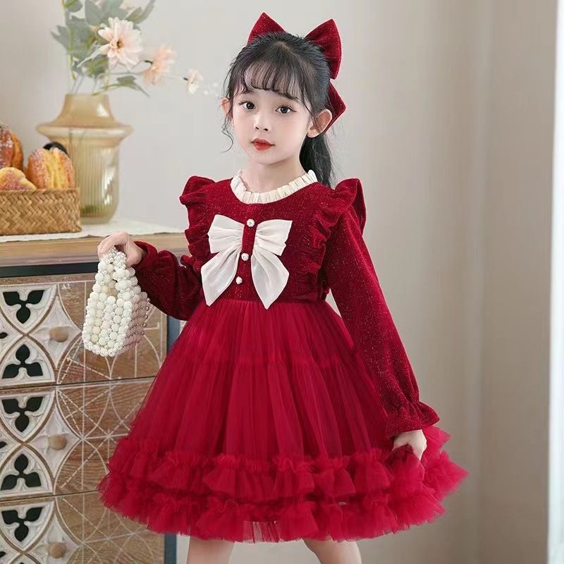 Cute Girls Kids Clothing Long Sleeve Dress Bowknot Corduroy Tulle Princess Skirt Fashion New Style INS Style