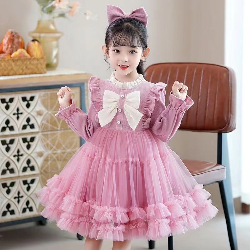 Cute Girls Kids Clothing Long Sleeve Dress Bowknot Corduroy Tulle Princess Skirt Fashion New Style INS Style