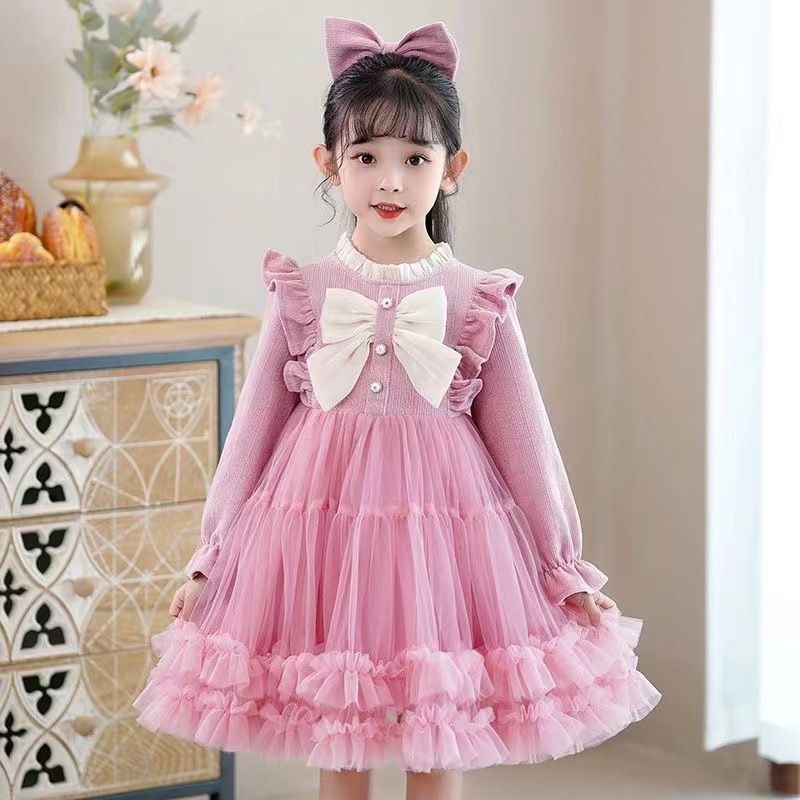 Cute Girls Kids Clothing Long Sleeve Dress Bowknot Corduroy Tulle Princess Skirt Fashion New Style INS Style