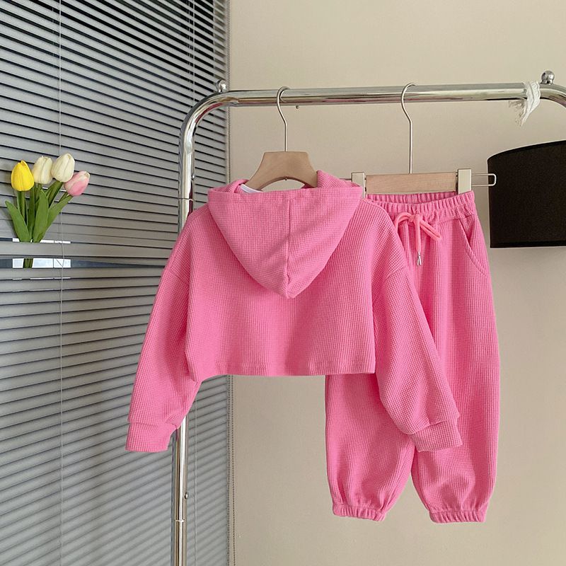 3 Piece Girls Kids Clothing Set Waffle Knit Long Sleeve Hoodie Vest Pants Casual Fashion Seasonal Trendy New Style