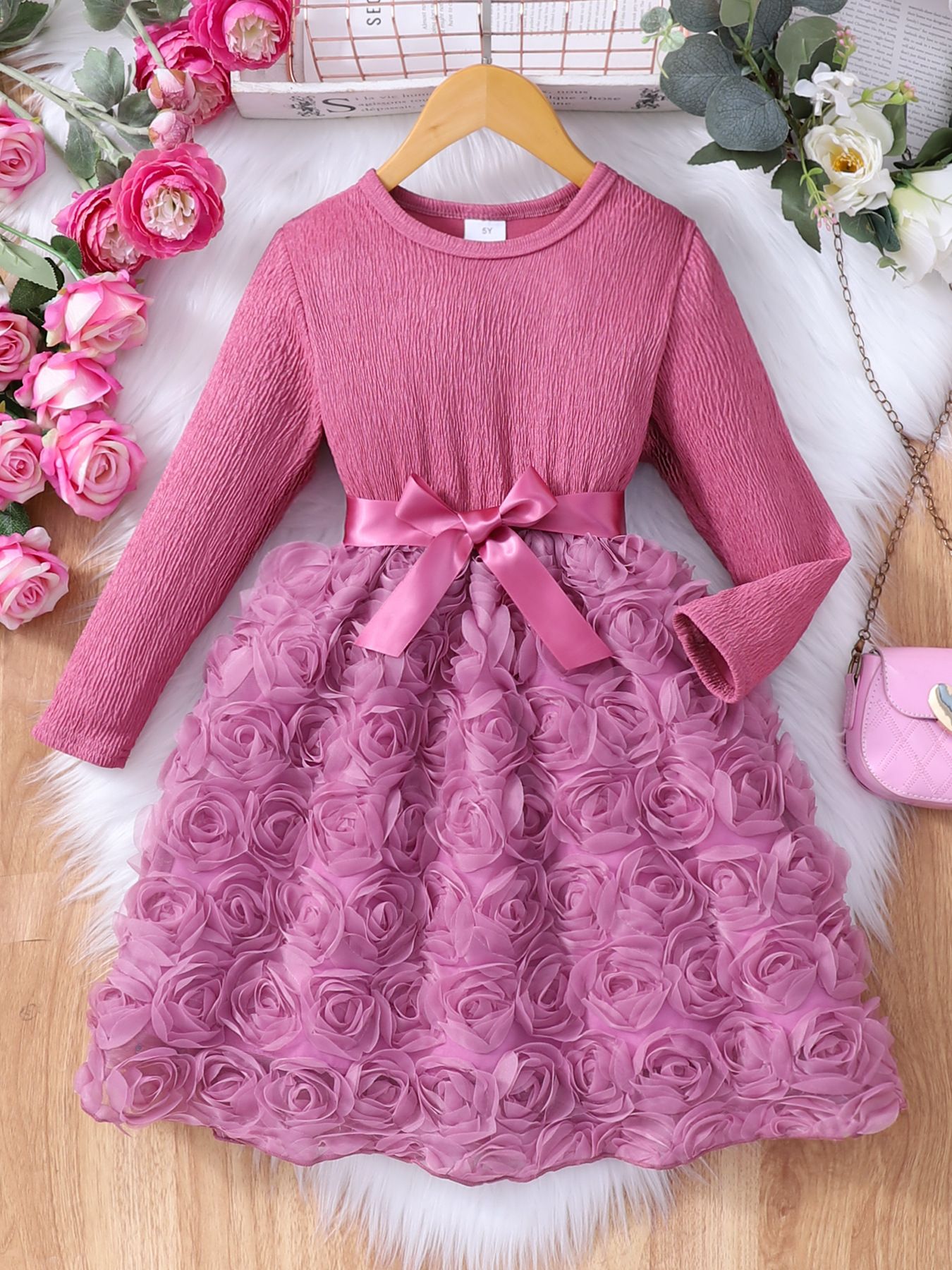 Girls' Clothing Children's Clothing Dress Long Sleeved Mesh Style Fashionable New Style Rose Petals Casual And Comfortable Design Sense