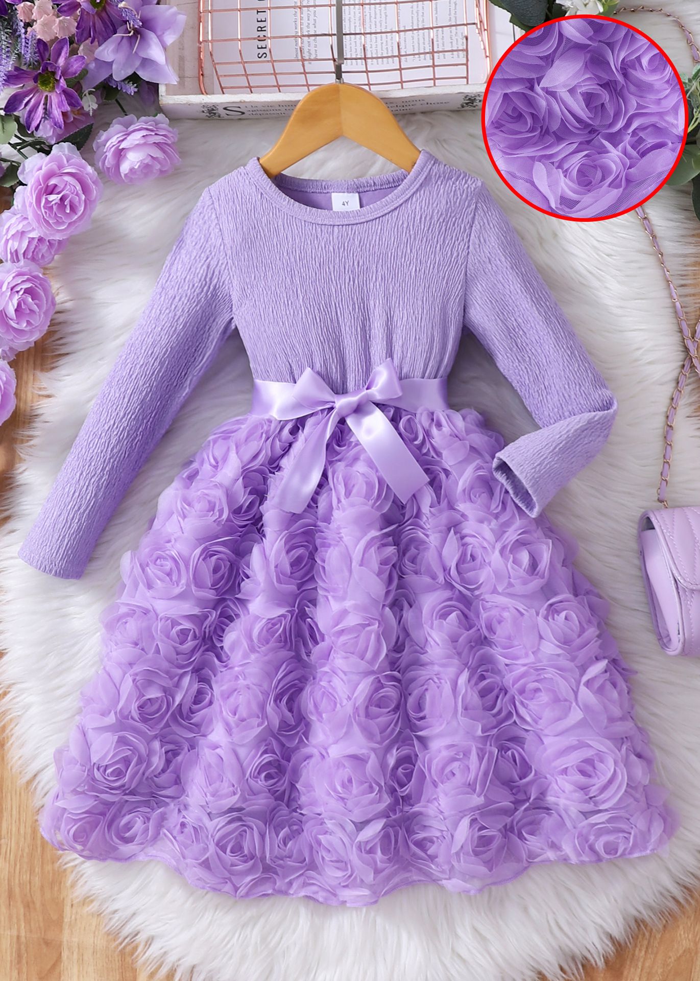 Girls' Clothing Children's Clothing Dress Long Sleeved Mesh Style Fashionable New Style Rose Petals Casual And Comfortable Design Sense