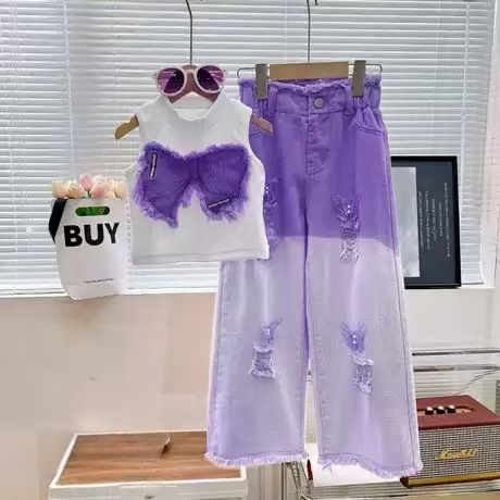 Fashion INS Style Kid Girls 2 Piece Set Butterfly Print Sleeveless Top Ripped Jeans