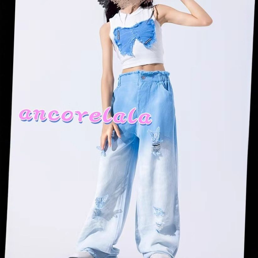 Fashion INS Style Kid Girls 2 Piece Set Butterfly Print Sleeveless Top Ripped Jeans