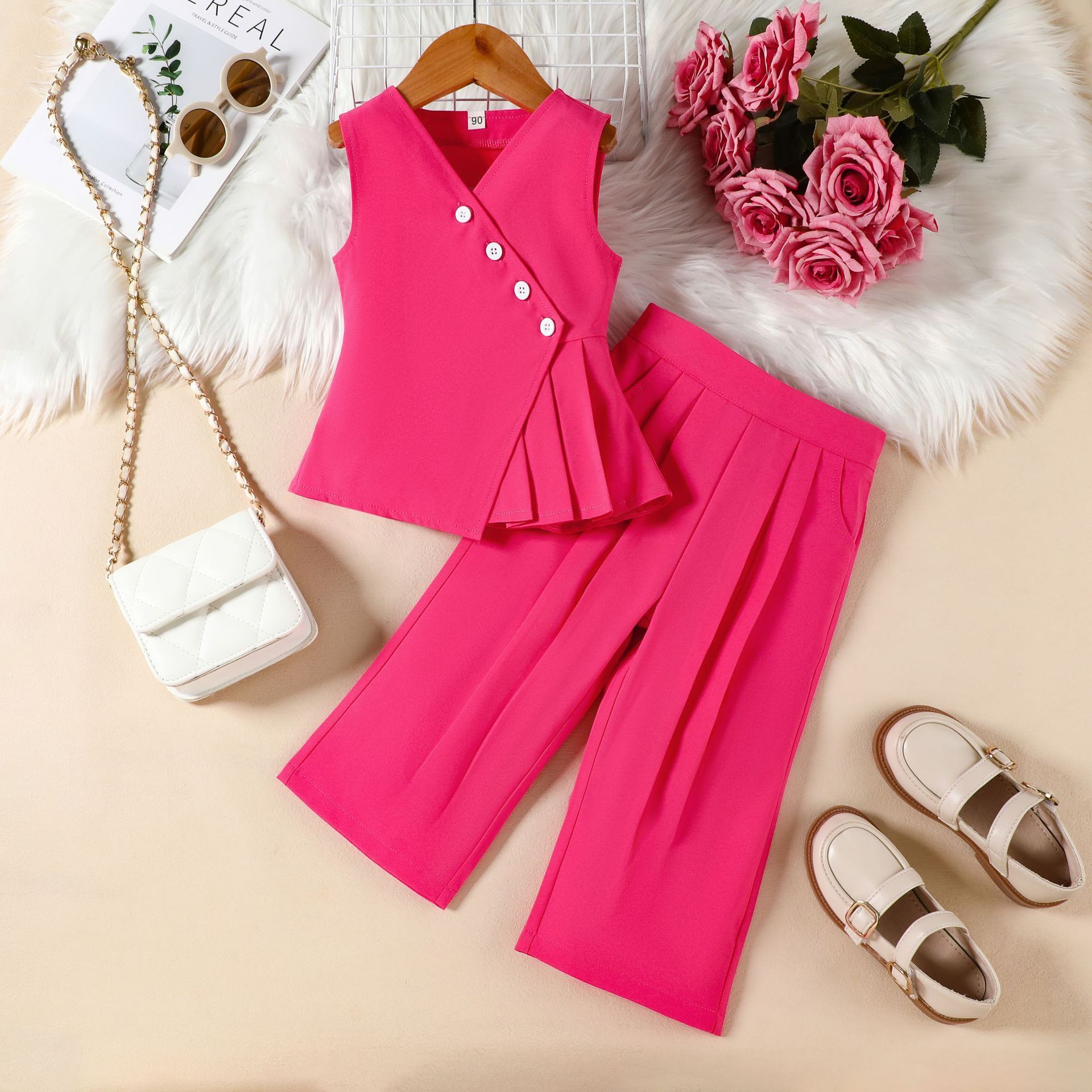 Kid Girls Clothing 2 Piece Set INS Style Contrast Color Patchwork Vest V Neck Top Solid Wide Leg Pants Fashion Elegant For Party