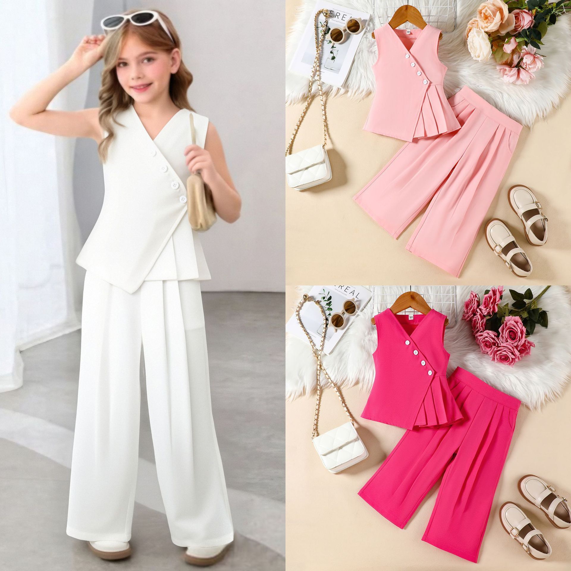Kid Girls Clothing 2 Piece Set INS Style Contrast Color Patchwork Vest V Neck Top Solid Wide Leg Pants Fashion Elegant For Party