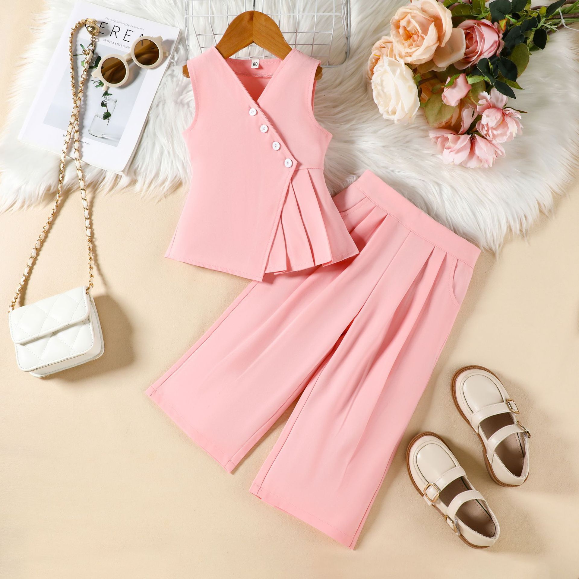 Kid Girls Clothing 2 Piece Set INS Style Contrast Color Patchwork Vest V Neck Top Solid Wide Leg Pants Fashion Elegant For Party