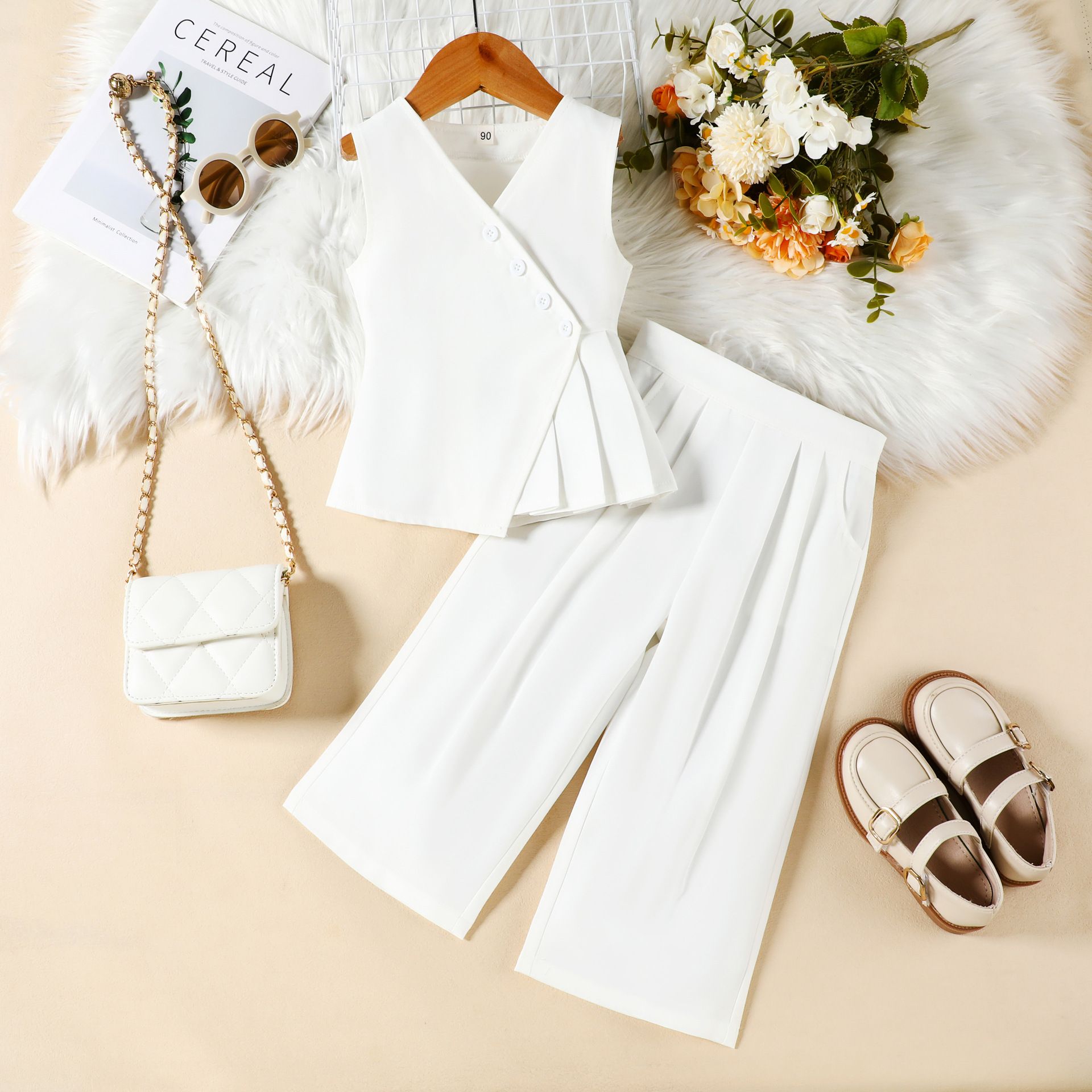 Kid Girls Clothing 2 Piece Set INS Style Contrast Color Patchwork Vest V Neck Top Solid Wide Leg Pants Fashion Elegant For Party