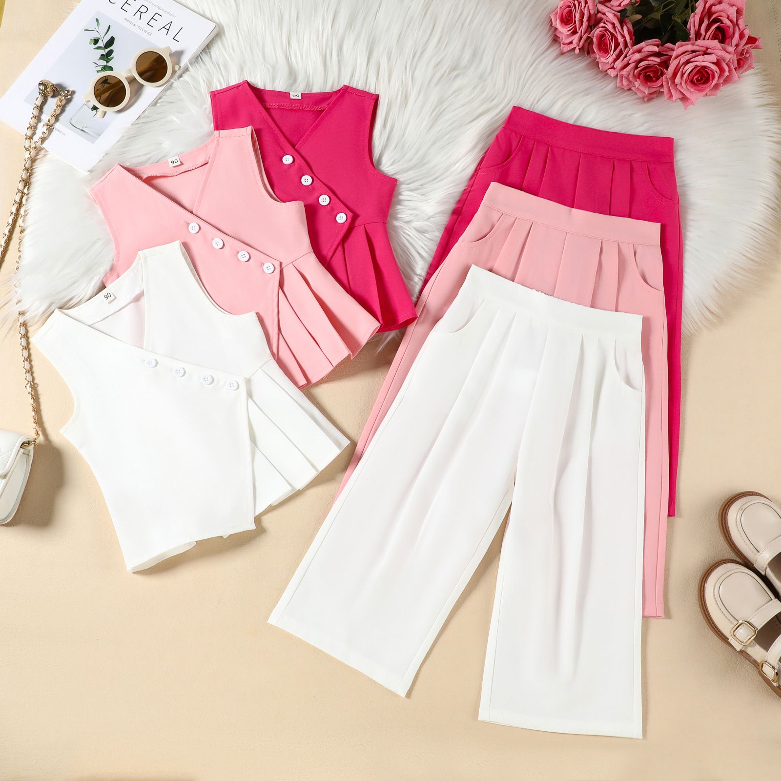 Kid Girls Clothing 2 Piece Set INS Style Contrast Color Patchwork Vest V Neck Top Solid Wide Leg Pants Fashion Elegant For Party