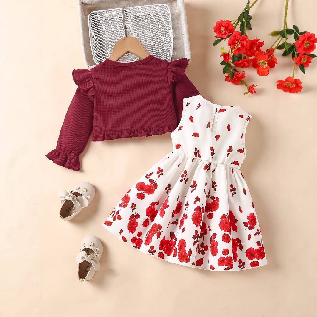 Girls Kids Clothing Autumn Winter New Style 2 Piece Set Long Sleeved Coat Vest Butterfly Dress Floral Print Cute Fashion Design Style