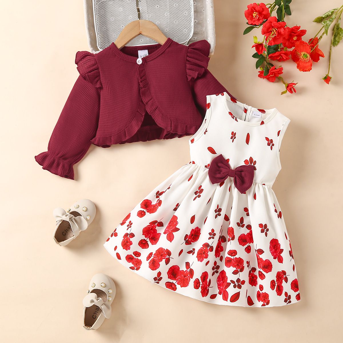 Girls Kids Clothing Autumn Winter New Style 2 Piece Set Long Sleeved Coat Vest Butterfly Dress Floral Print Cute Fashion Design Style