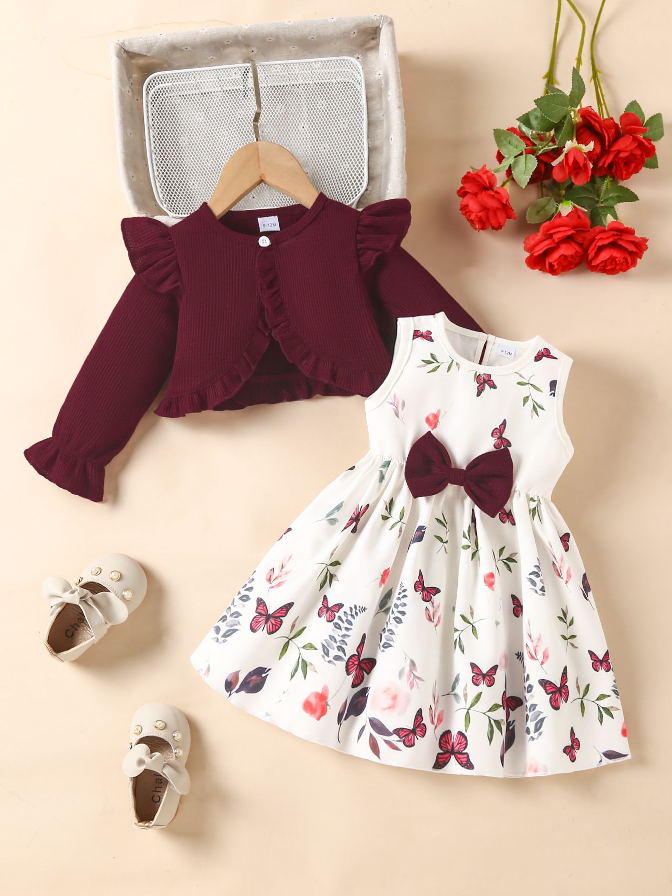 Girls Kids Clothing Autumn Winter New Style 2 Piece Set Long Sleeved Coat Vest Butterfly Dress Floral Print Cute Fashion Design Style