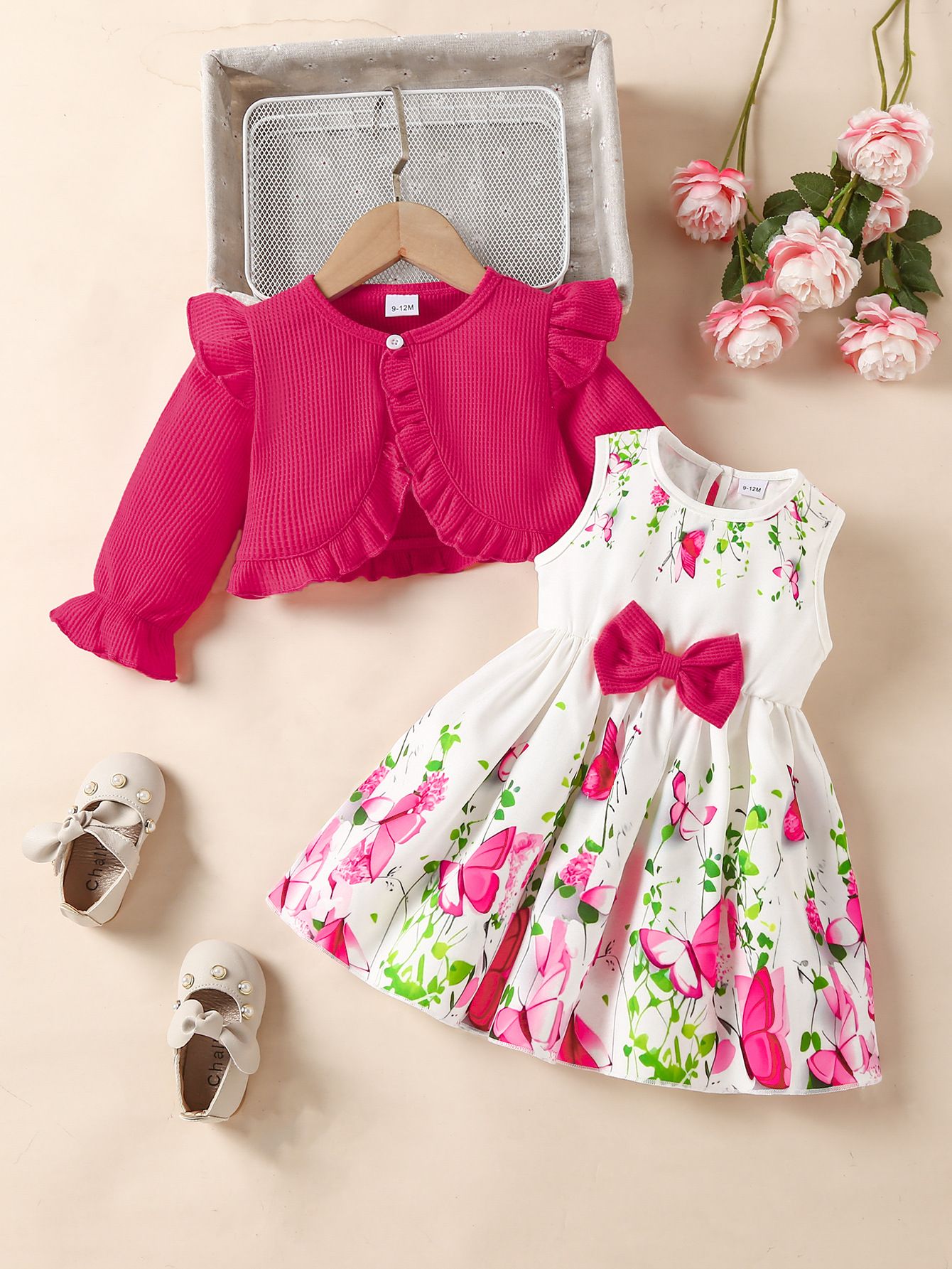 Girls Kids Clothing Autumn Winter New Style 2 Piece Set Long Sleeved Coat Vest Butterfly Dress Floral Print Cute Fashion Design Style
