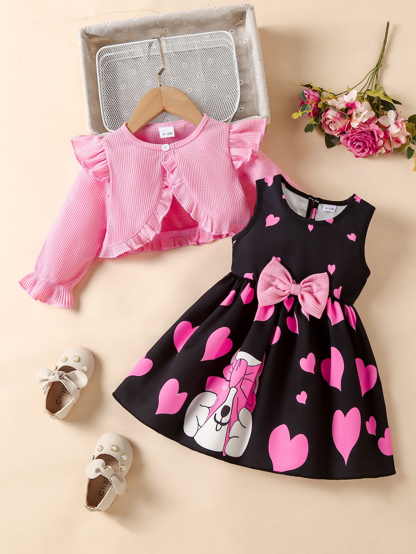 Girls Kids Clothing Autumn Winter New Style 2 Piece Set Long Sleeved Coat Vest Butterfly Dress Floral Print Cute Fashion Design Style