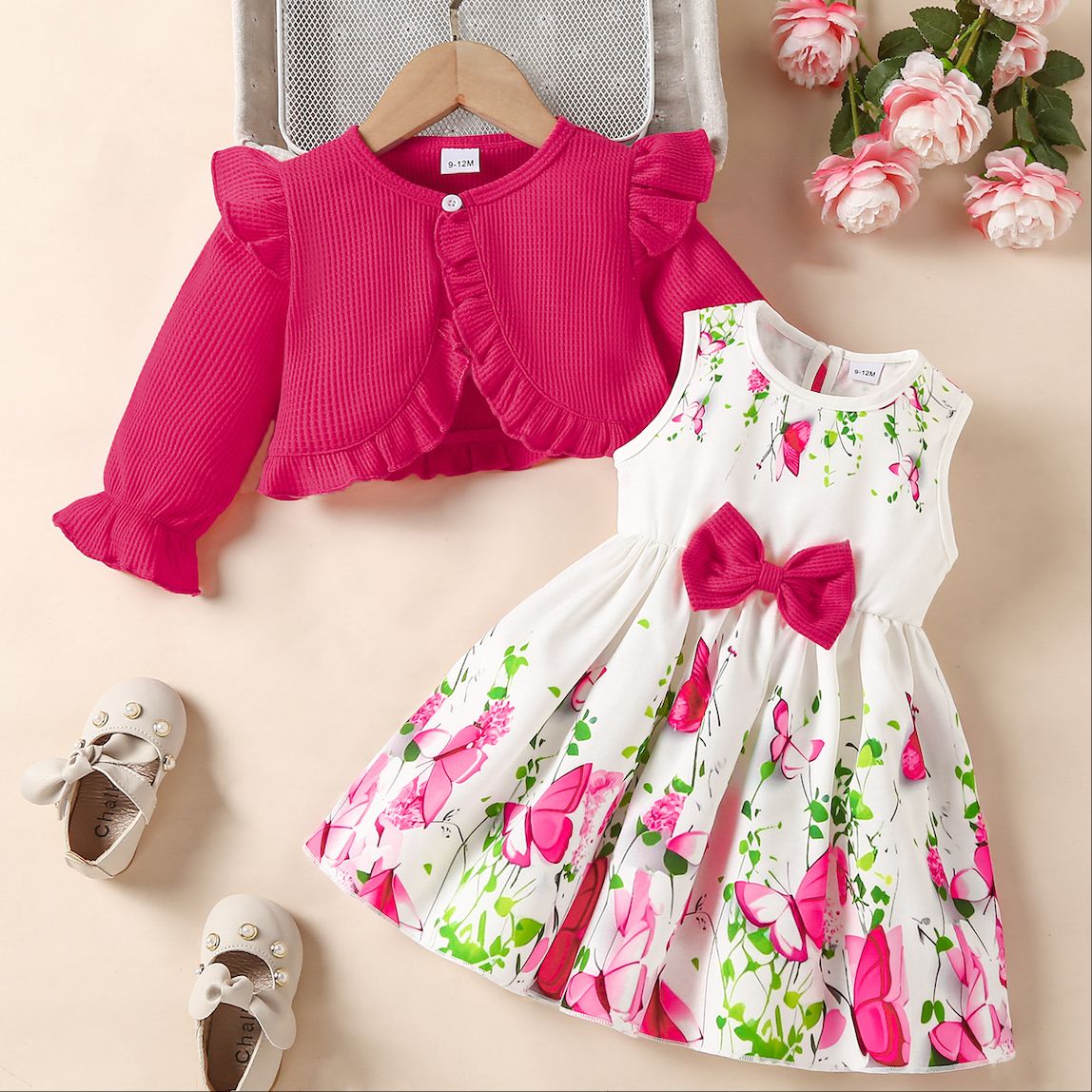 Girls Kids Clothing Autumn Winter New Style 2 Piece Set Long Sleeved Coat Vest Butterfly Dress Floral Print Cute Fashion Design Style
