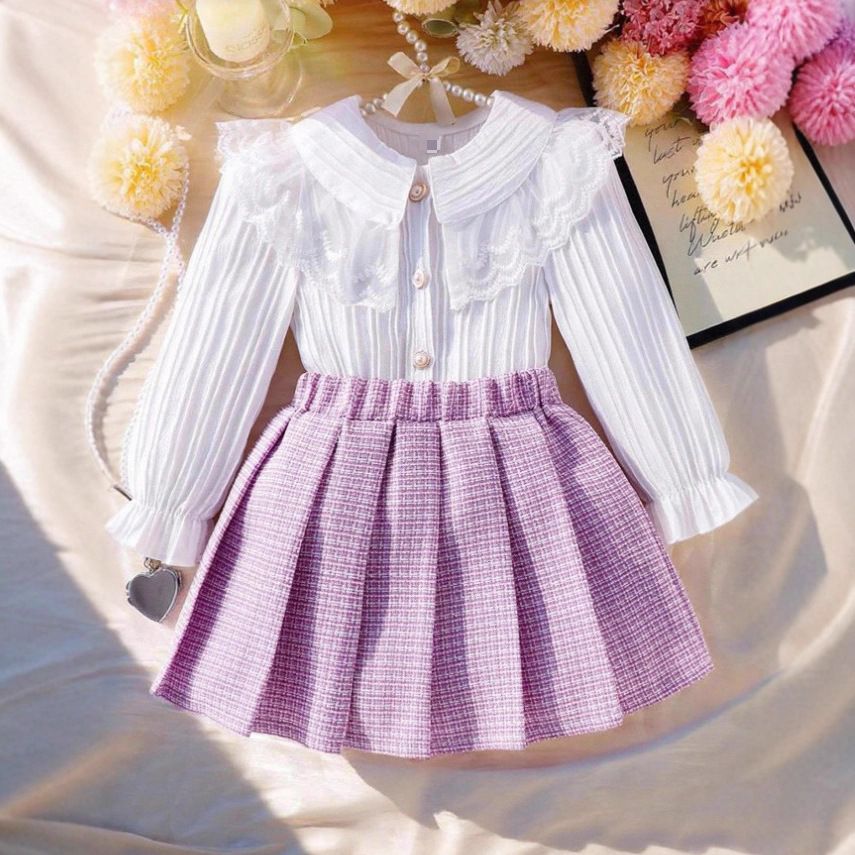 Kids Clothing 2 Piece Set Autumn Winter New Style Long Sleeved Round Neck Top Sweet Shirt Ruffled Lace Pleated Mini Skirt Comfortable Breathable Fashion Design Outfit
