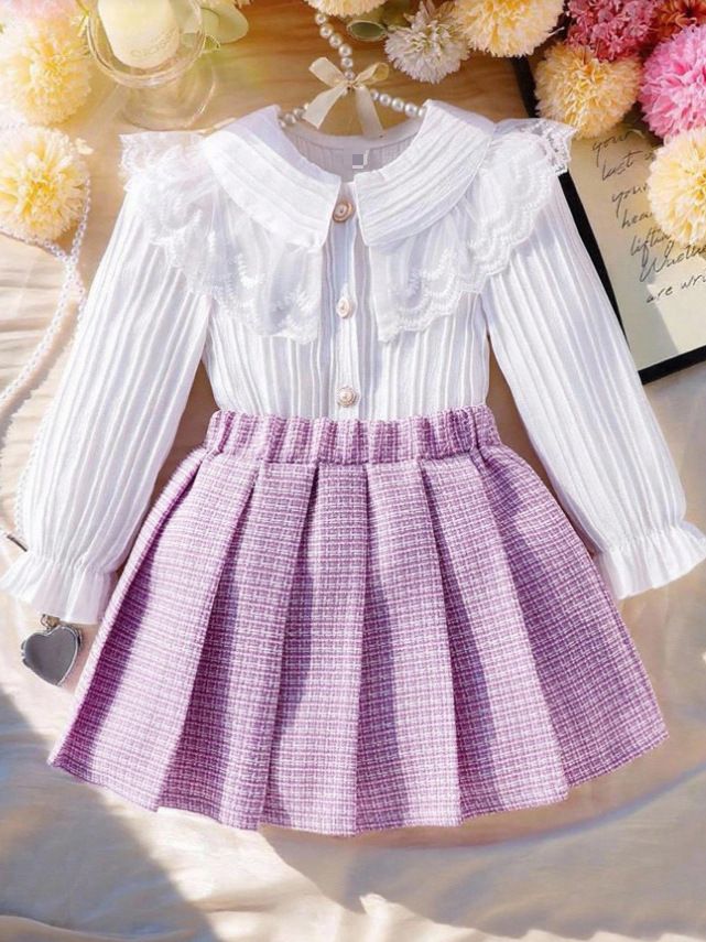 Kids Clothing 2 Piece Set Autumn Winter New Style Long Sleeved Round Neck Top Sweet Shirt Ruffled Lace Pleated Mini Skirt Comfortable Breathable Fashion Design Outfit
