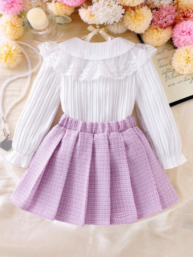 Kids Clothing 2 Piece Set Autumn Winter New Style Long Sleeved Round Neck Top Sweet Shirt Ruffled Lace Pleated Mini Skirt Comfortable Breathable Fashion Design Outfit