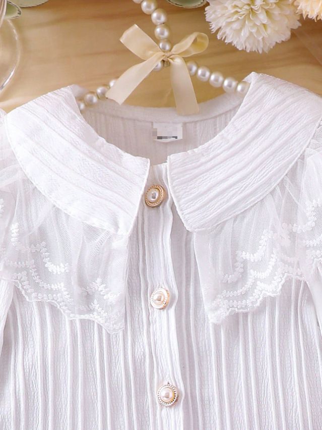 Kids Clothing 2 Piece Set Autumn Winter New Style Long Sleeved Round Neck Top Sweet Shirt Ruffled Lace Pleated Mini Skirt Comfortable Breathable Fashion Design Outfit