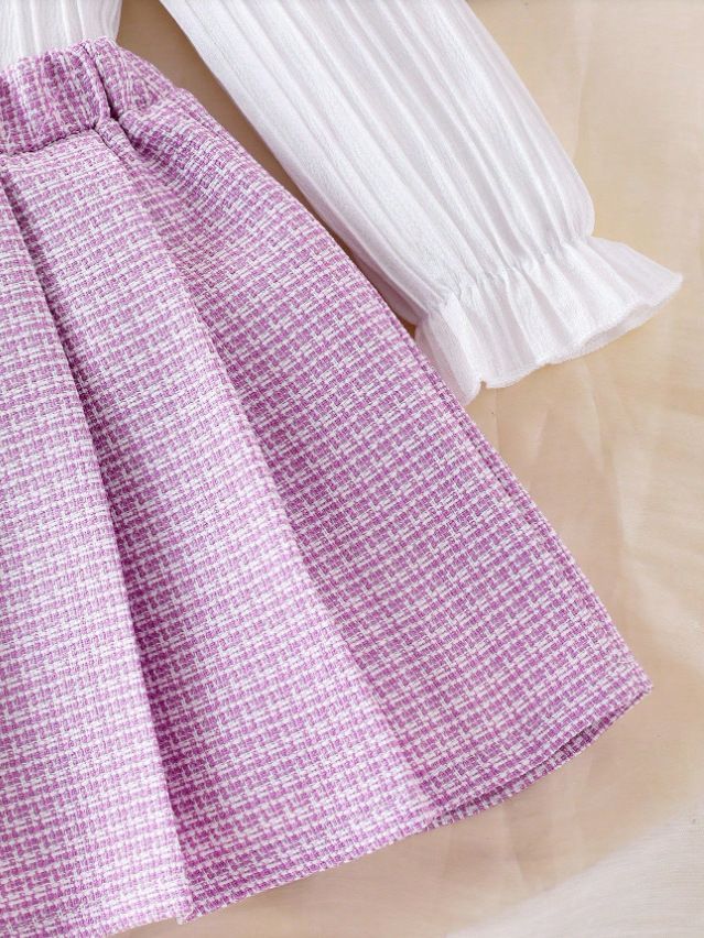 Kids Clothing 2 Piece Set Autumn Winter New Style Long Sleeved Round Neck Top Sweet Shirt Ruffled Lace Pleated Mini Skirt Comfortable Breathable Fashion Design Outfit