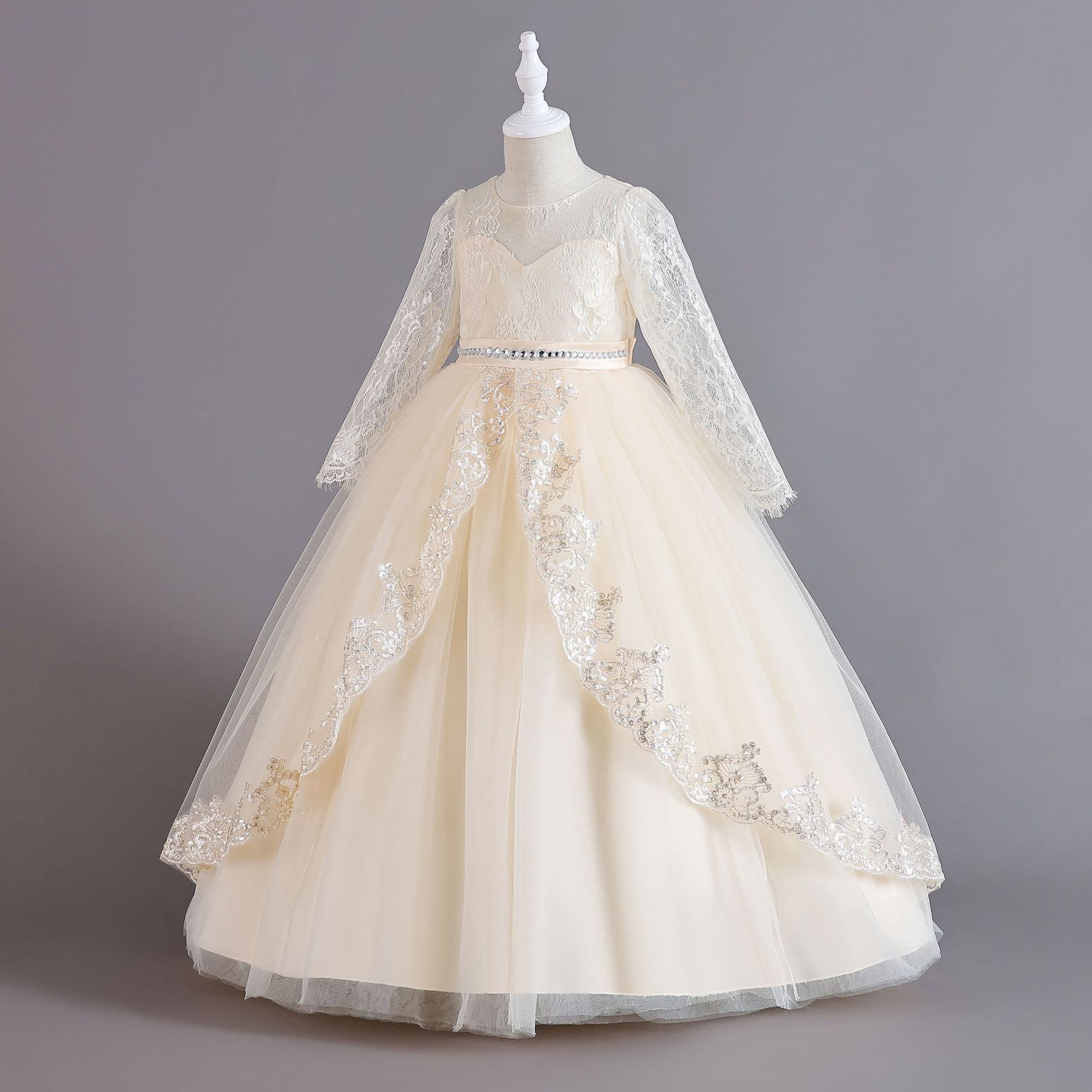 Girls Kids Clothing Princess Dress New Style Formal Gown Long Sleeved Dress Sequined Lace Trim Tulle Puffy Skirt High End Design Party Holiday Outfit