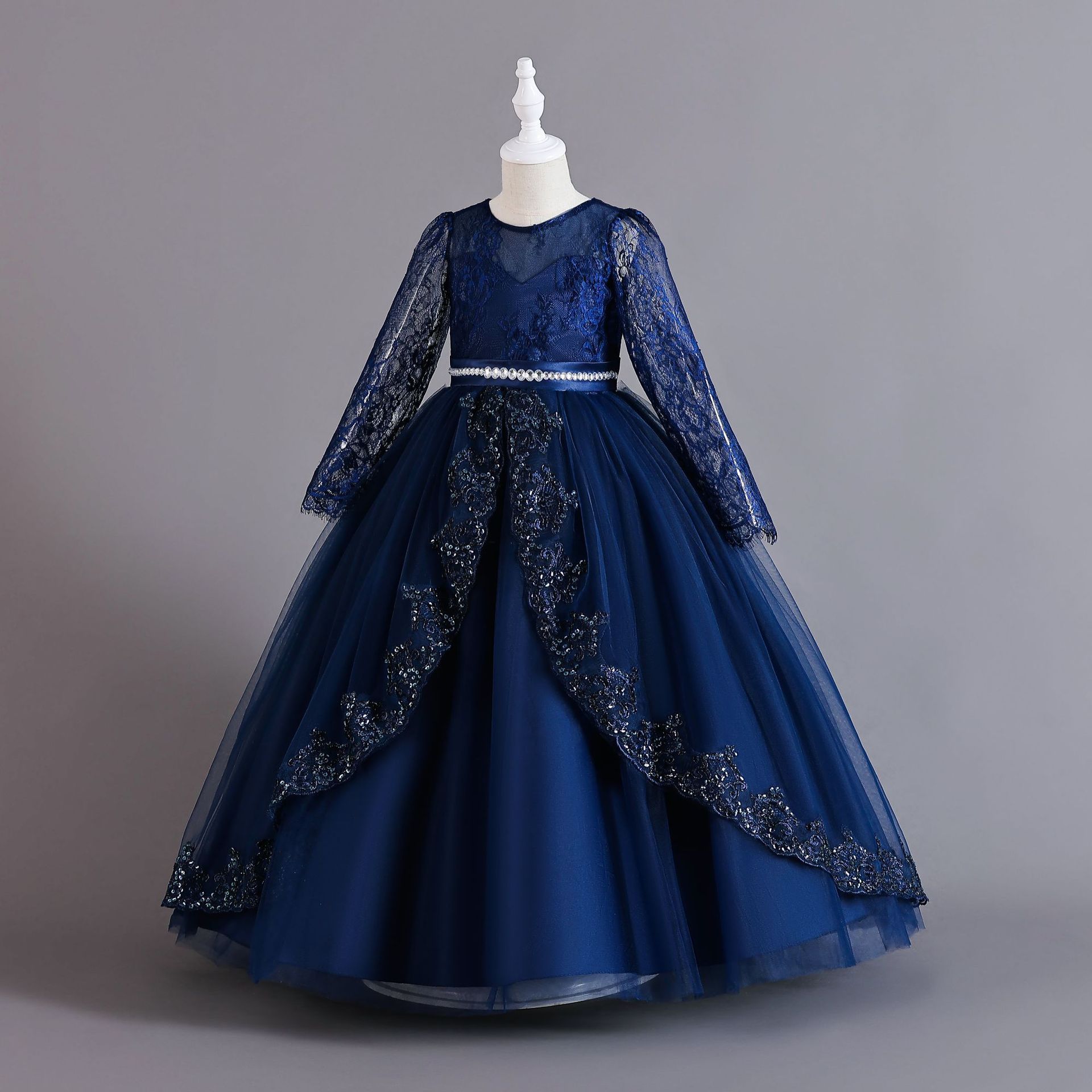 Girls Kids Clothing Princess Dress New Style Formal Gown Long Sleeved Dress Sequined Lace Trim Tulle Puffy Skirt High End Design Party Holiday Outfit