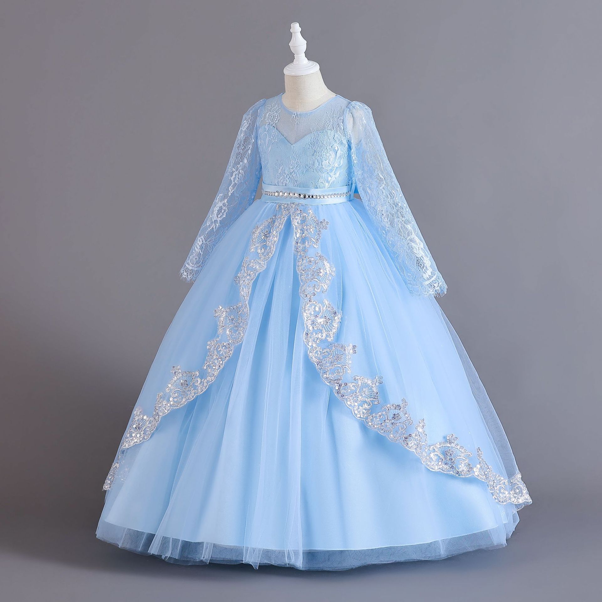 Girls Kids Clothing Princess Dress New Style Formal Gown Long Sleeved Dress Sequined Lace Trim Tulle Puffy Skirt High End Design Party Holiday Outfit
