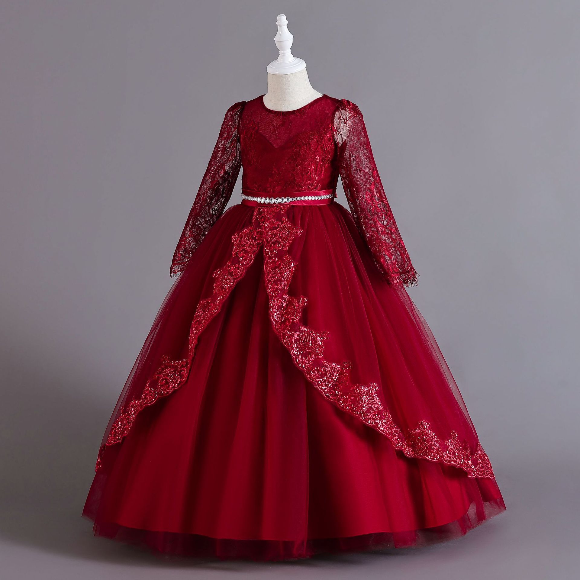 Girls Kids Clothing Princess Dress New Style Formal Gown Long Sleeved Dress Sequined Lace Trim Tulle Puffy Skirt High End Design Party Holiday Outfit