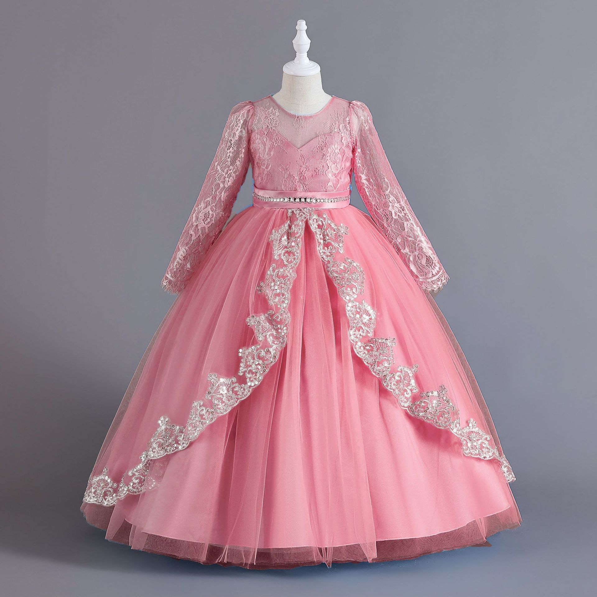 Girls Kids Clothing Princess Dress New Style Formal Gown Long Sleeved Dress Sequined Lace Trim Tulle Puffy Skirt High End Design Party Holiday Outfit