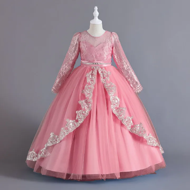 Girls Kids Clothing Princess Dress New Style Formal Gown Long Sleeved Dress Sequined Lace Trim Tulle Puffy Skirt High End Design Party Holiday Outfit