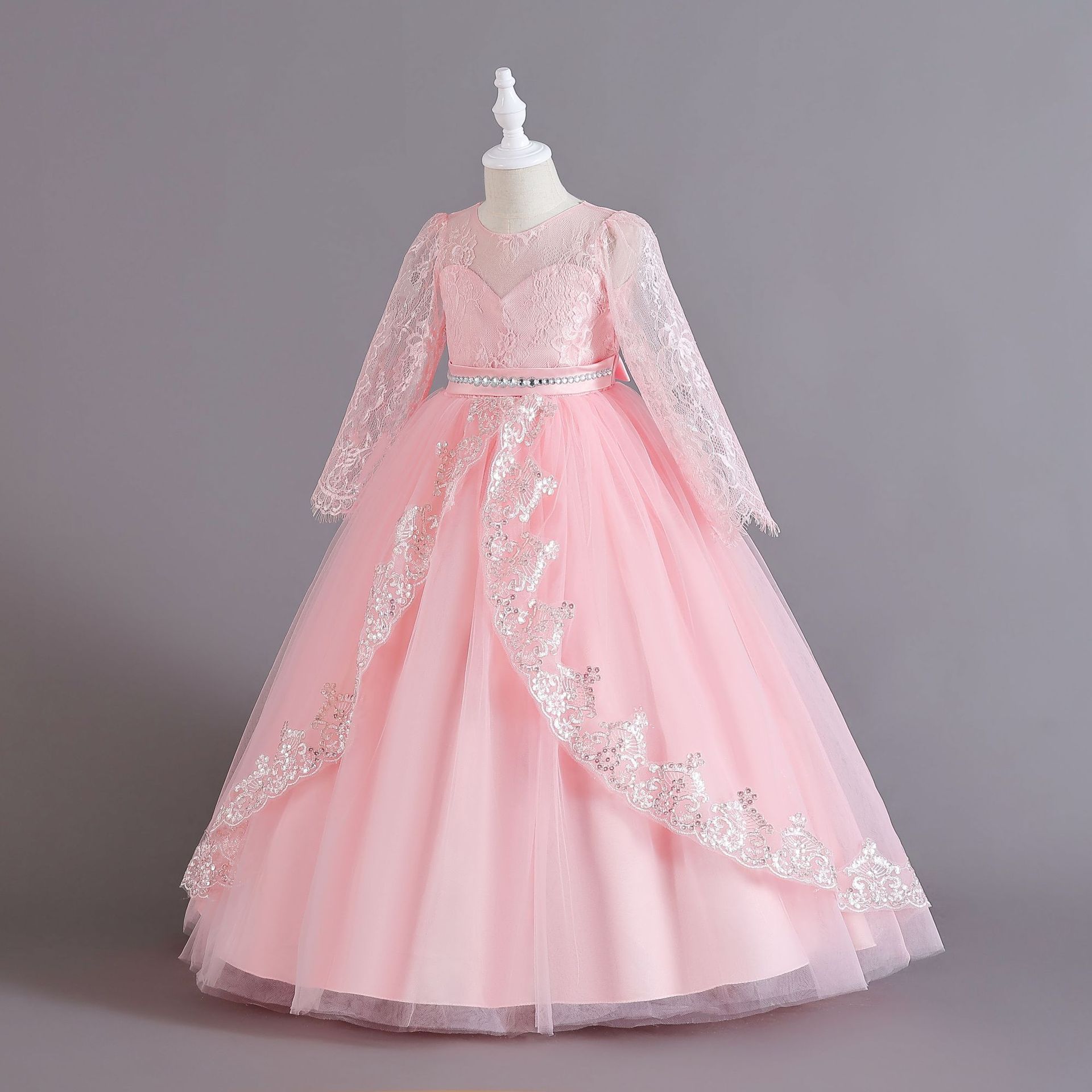 Girls Kids Clothing Princess Dress New Style Formal Gown Long Sleeved Dress Sequined Lace Trim Tulle Puffy Skirt High End Design Party Holiday Outfit