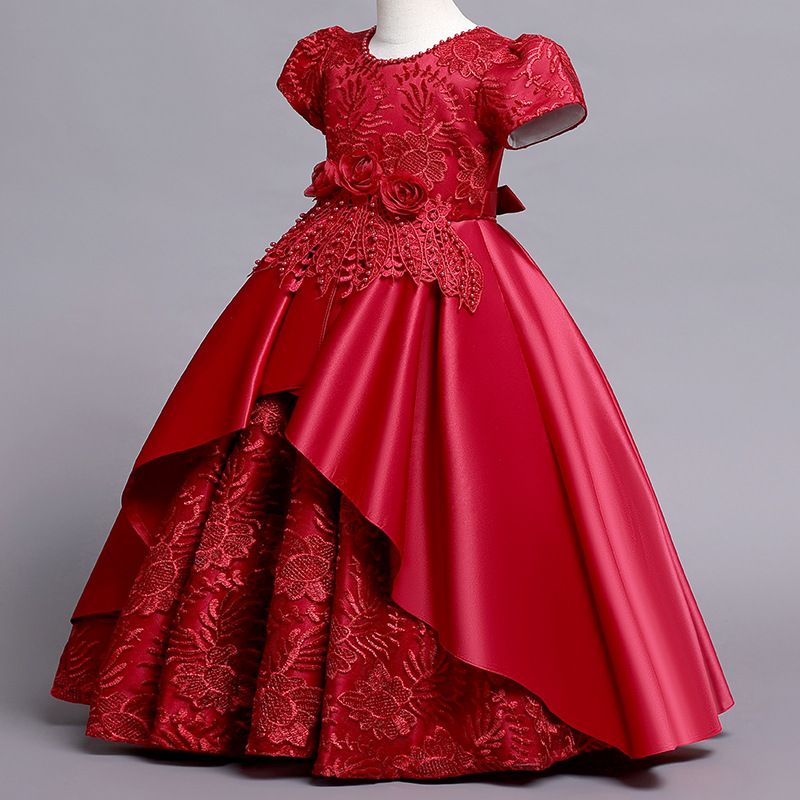 Girls Kids Clothing Princess Dress New Style Formal Gown Short Sleeved Dress Satin Embroidered Puffy Skirt High End Design Noble Temperament Party Holiday Outfit