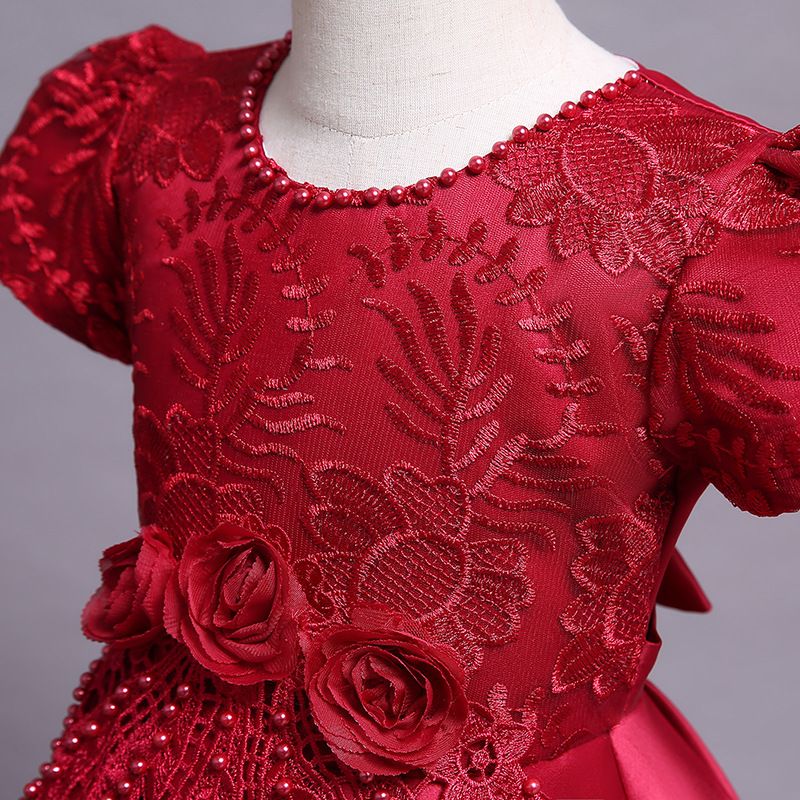 Girls Kids Clothing Princess Dress New Style Formal Gown Short Sleeved Dress Satin Embroidered Puffy Skirt High End Design Noble Temperament Party Holiday Outfit