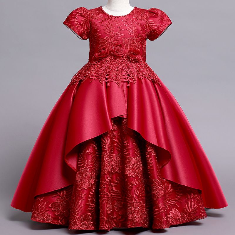 Girls Kids Clothing Princess Dress New Style Formal Gown Short Sleeved Dress Satin Embroidered Puffy Skirt High End Design Noble Temperament Party Holiday Outfit