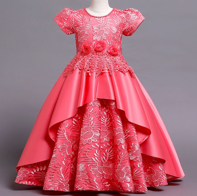 Girls Kids Clothing Princess Dress New Style Formal Gown Short Sleeved Dress Satin Embroidered Puffy Skirt High End Design Noble Temperament Party Holiday Outfit