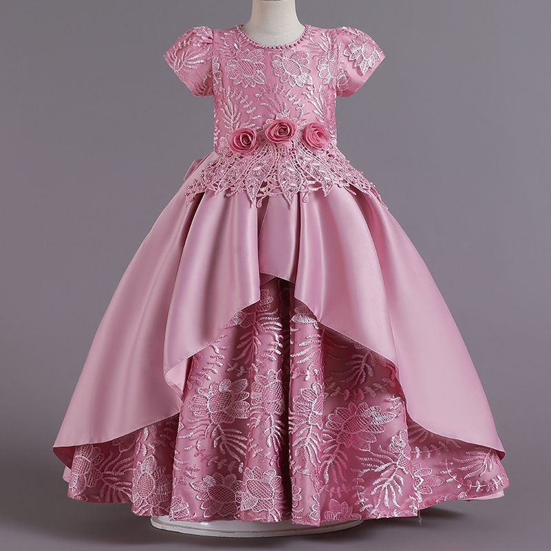 Girls Kids Clothing Princess Dress New Style Formal Gown Short Sleeved Dress Satin Embroidered Puffy Skirt High End Design Noble Temperament Party Holiday Outfit