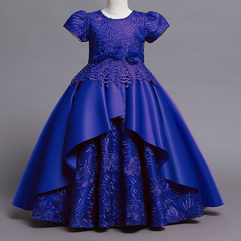 Girls Kids Clothing Princess Dress New Style Formal Gown Short Sleeved Dress Satin Embroidered Puffy Skirt High End Design Noble Temperament Party Holiday Outfit